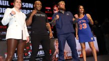 NEW YORK, NEW YORK - MAY 13: Katie Taylor, Mike Tyson, Jake Paul, and Amanda Serrano attend the Jake Paul vs. Mike Tyson Press Conference at The Apollo Theater on May 13, 2024 in New York City.