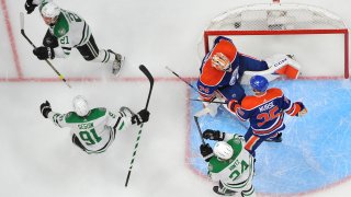 EDMONTON, CANADA – MAY 27: Jason Robertson #21 of the Dallas Stars celebrates his third goal of the game in the third period against the Edmonton Oilers with his teammates in Game Three of the Western Conference Final of the 2024 Stanley Cup Playoffs at Rogers Place on May 27, 2024, in Edmonton, Alberta, Canada. (Photo by Andy Devlin/NHLI via Getty Images)