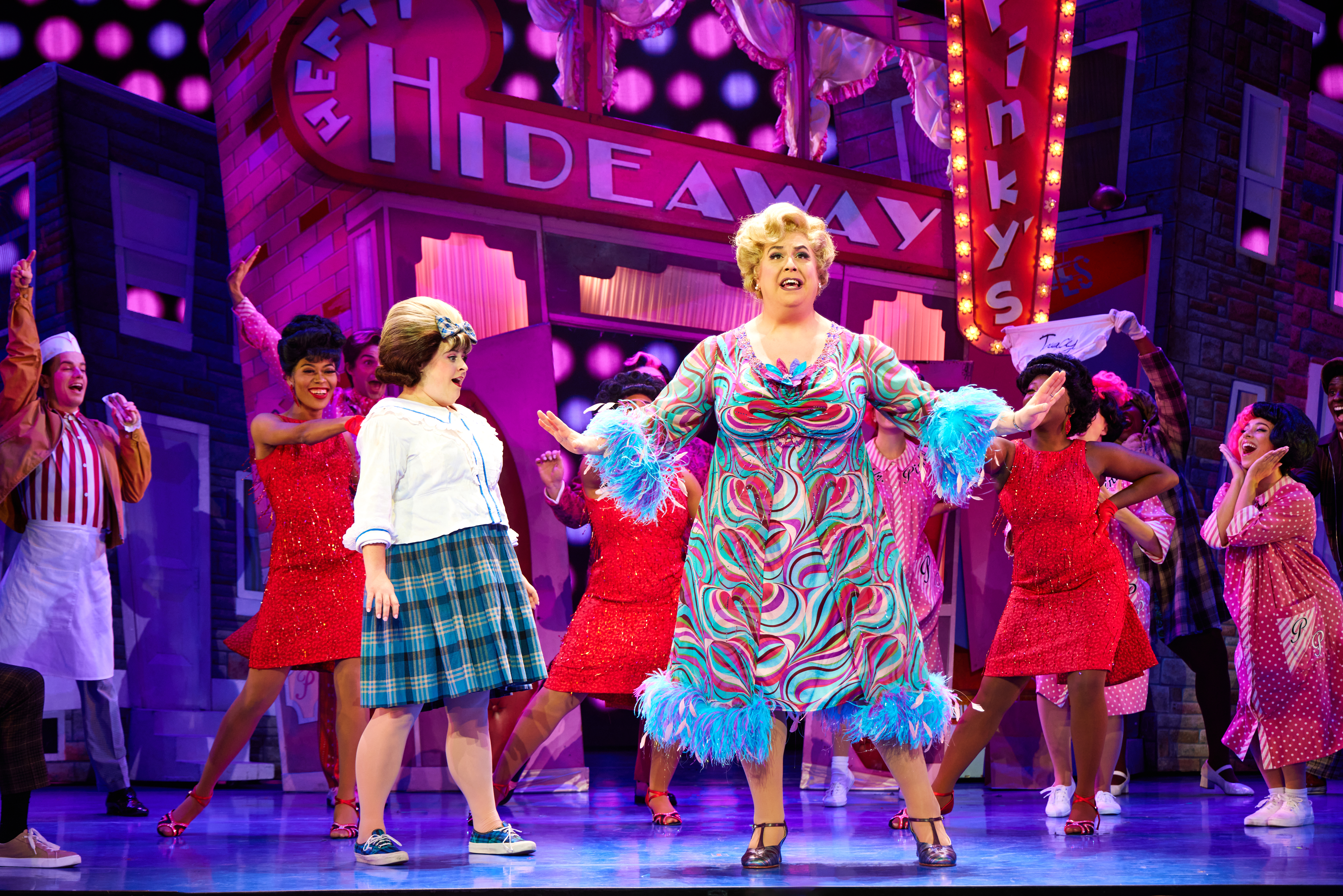 “Welcome to the 60s” (Nov 23) - (from L) Caroline Eiseman as “Tracy Turnblad,” Greg Kalafatas as “Edna Turnblad” and Company in Hairspray.