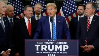 Republican presidential candidate former President Donald Trump speaks to the media following meetings with Republicans on Capitol Hill, at the National Republican Senatorial Committee headquarters in Washington, June 13, 2024.