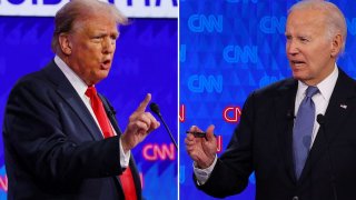 Republican presidential candidate former U.S. President Donald Trump and Democratic Party presidential candidate U.S. President Joe Biden speak during a presidential debate in Atlanta, Georgia, U.S., June 27, 2024 in a combination photo.