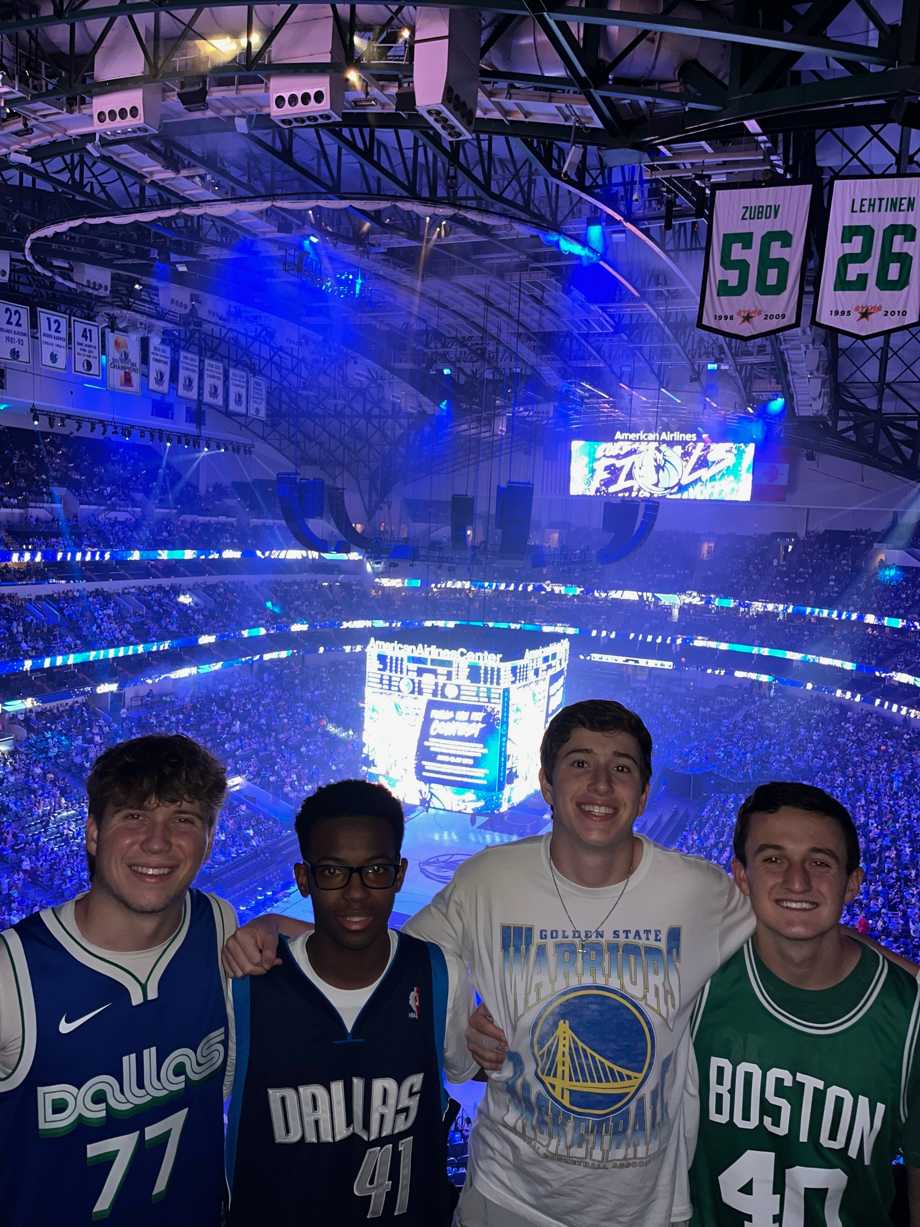 At the game 2 mavs watch party supporting local Boston Celtic Luke Kornet and Mavs while one friend represents the Golden State Warriors