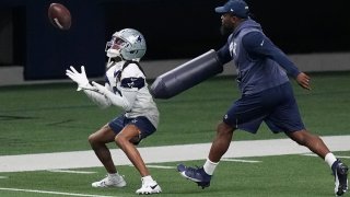 FILE – Dallas Cowboys’ KaVontae Turpin, left, works a special teams kick return drill during an NFL football team practice in Frisco, Texas, Wednesday, May 22, 2024. The NFL is bringing the kickoff back to life, starting with teams investing time in offseason workouts — with plans for plenty more in training camps — into something that had become a pointless exercise.