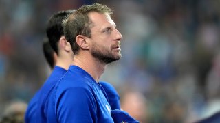 Texas Rangers pitcher Max Scherzer stands in the dugout during the seventh inning of a baseball game against the Miami Marlins, Sunday, June 2, 2024, in Miami. (AP Photo/Lynne Sladky)