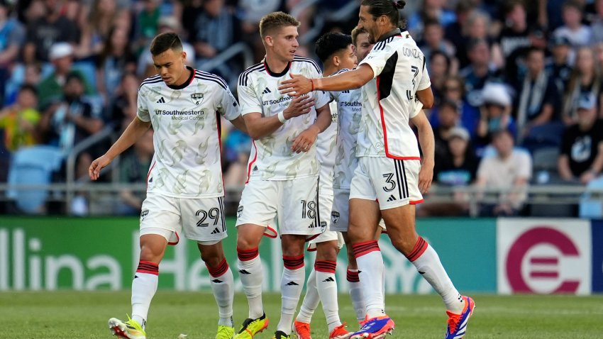 FC Dallas midfielder Liam Fraser (18) celebrates with teammates after scoring during the first half of an MLS soccer match against Minnesota United in St. Paul, Minn., Saturday, June 8, 2024. (AP Photo/Abbie Parr)