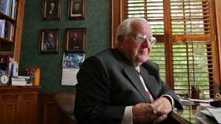 FILE – Former Judge Paul Pressler poses for a photo in his home in Houston May 30, 2004. Pressler, a leading figure of the Southern Baptist Convention who was accused of sexual abuse and later settled a lawsuit over the allegations, has died at the age of 94. Pressler’s death, which happened on June 7, 2024, was announced in an obituary posted online by a Houston funeral home. (AP Photo /Michael Stravato, File)