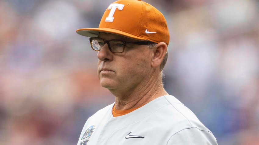 Texas head coach David Pierce walks to meet with umpires before playing against Mississippi State during a baseball game in the College World Series Saturday, June 26, 2021, at TD Ameritrade Park in Omaha, Neb. Texas on Monday, June 24, 2024, dismissed baseball coach David Pierce after eight seasons in which the Longhorns won the Big 12 three times but only made three appearances in the College World Series.