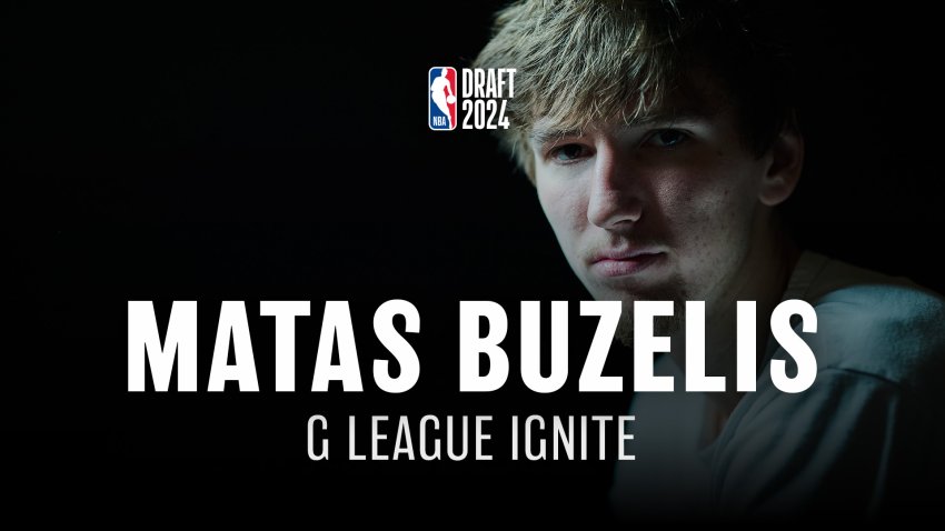 Matas Buzelis stares at the camera against a black backdrop. Text reads 2024 NBA Draft, Matas Bezels, G League Ignite