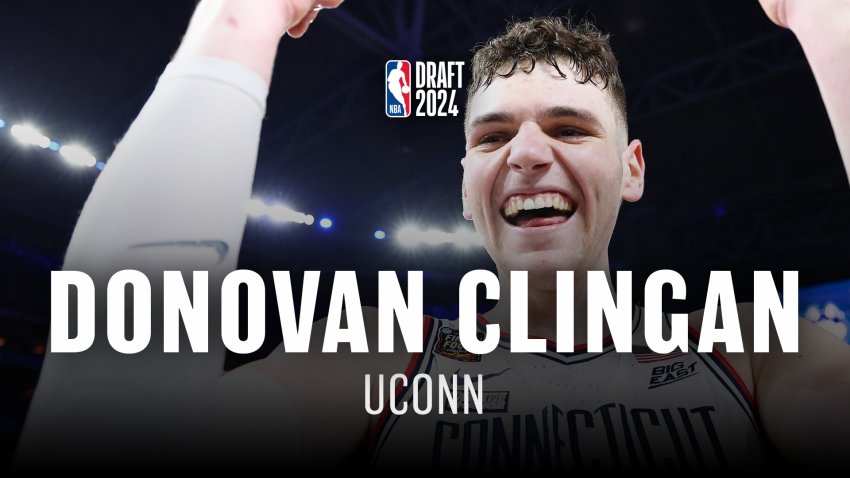 Donovan Clingan pumps his fists and smiles. Text overlay reads NBA Draft 2024, Donovan Clingan, UCONN