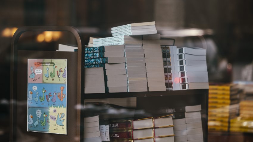 A stack of books on a shelf in a bookstore.