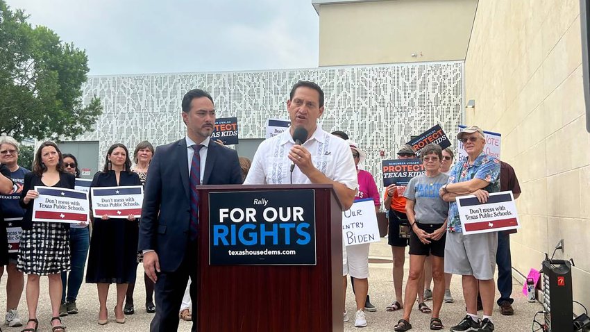 State Rep. Joaquin Castro and Rep. Trey Martinez Fischer speak in protest of the Texas GOP convention outside the Henry B Gonzales Convention Center. (Noah Alcala Bach/Fort Worth Star-Telegram/Tribune News Service via Getty Images)