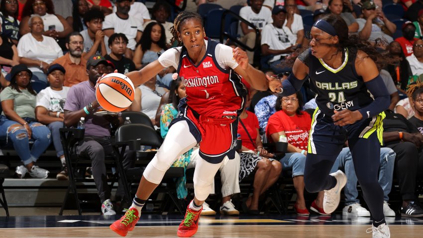 WASHINGTON, DC – JUNE 23: Ariel Atkins #7 of the Washington Mystics handles the ball during the game against the Dallas Wings on June 23, 2024 at Capital One Arena in Washington, DC. NOTE TO USER: User expressly acknowledges and agrees that, by downloading and or using this Photograph, user is consenting to the terms and conditions of the Getty Images License Agreement. Mandatory Copyright Notice: Copyright 2024 NBAE (Photo by Stephen Gosling/NBAE via Getty Images)