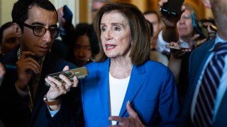 Rep. Nancy Pelosi, D-Calif., talks with reporters in the U.S. Capitol about the presidential debate between President Joe Biden and former President Donald Trump, on Friday, June 28, 2024. 