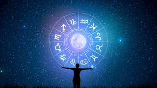 Zodiac signs inside a horoscope circle.