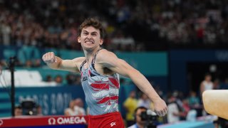 Stephen Nedoroscik of USA celebrates during the Men’s Artistic Gymnastics team final.