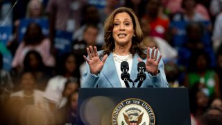 Vice President Kamala Harris speaks to supporters in Atlanta, Georgia in her first visit to the city since accepting the candidacy. Tuesday, July 30, 2024.