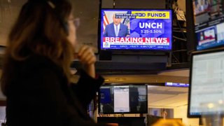 A news broadcast after a Federal Open Market Committee (FOMC) meeting on the floor of the New York Stock Exchange (NYSE) in New York, US, on Wednesday, July 31, 2024.