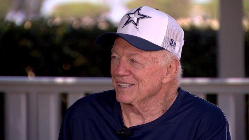 Dallas Cowboys owner Jerry Jones talks with NBC 5’s Pat Doney at Training Camp 2024.