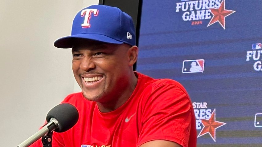 Adrián Beltré speaks to reporters on Saturday, July 13, 2024, before managing in the MLB Futures Game in Arlington, Texas. The former Rangers third baseman is an ambassador for the All-Star Game and will be inducted into baseball’s Hall of Fame in Cooperstown, N.Y., on Sunday, July 21.