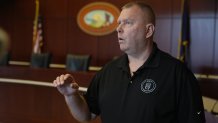 Butler Township manager Tom Knights is pictured during an interview in Butler, Pa., Monday, July 15, 2024. When a police officer encountered a gunman on a roof at Donald Trump’s rally on Saturday, Knights said the officer lost his grip and was not retreating when he fell eight feet to the ground. The officer, who has 10 years of experience in law enforcement, severely injured an ankle and was in a walking boot, Knights said. (AP Photo/Sue Ogrocki)