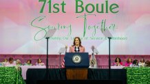 DALLAS, TEXAS - JULY 10: U.S. Vice President Kamala Harris speaks to members of the Alpha Kappa Alpha Sorority at the Kay Bailey Hutchison Convention Center on July 10, 2024 in Dallas, Texas. The Vice President spoke to approximately 20,000 members from her sorority in a continued effort to rally support ahead of the upcoming November Presidential election.  