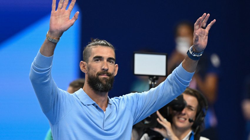 Former US swimmer Michael Phelps attends the swimming event during the Paris 2024 Olympic Games at the Paris La Defense Arena on July 28, 2024.