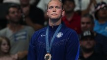 29 July 2024, France, Paris: Olympics, Paris 2024, 200 m freestyle, men, final, third-placed Luke Hobson reacts during the medal ceremony. Photo: Michael Kappeler/dpa (Photo by Michael Kappeler/picture alliance via Getty Images)