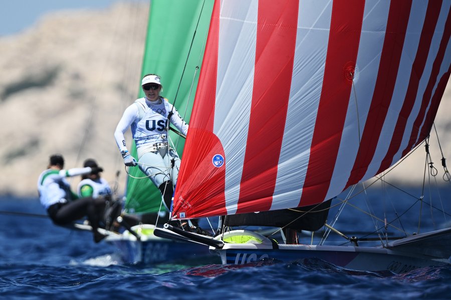 Stephanie Roble and Maggie Shea of Team United States compete in the Women's Skiff class