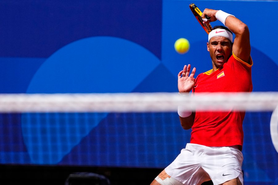 Rafael Nadal of Spain in action against Marton Fucsovics of Hungary