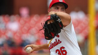 ST LOUIS, MISSOURI – JULY 31: Michael McGreevy #36 of the St. Louis Cardinals delivers a pitch against the Texas Rangers in the seventh inning at Busch Stadium on July 31, 2024 in St Louis, Missouri.