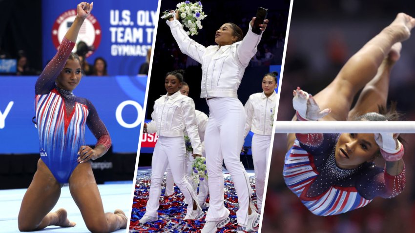 Collage of pictures. Team USA Jordan Chiles gymnast.