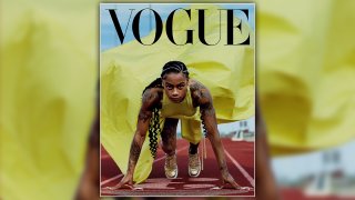 Sha’Carri Richardson in a Ralph Lauren Collection bodysuit and skirt with Nike sneakers. Vogue, August 2024.