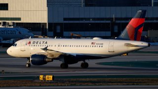 A Delta Airlines Airbus A319-114 aircraft taxis at Los Angeles International Airport after arriving from Las Vegas on May 5, 2024 in Los Angeles, California.