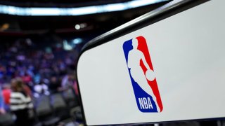 The NBA logo before the game between the Detroit Pistons and Charlotte Hornets at Little Caesars Arena in Detroit on March 11, 2024.