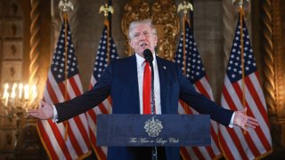 Republican presidential candidate former President Donald Trump speaks during a press conference at his Mar-a-Lago estate on August 08, 2024, in Palm Beach, Florida. 