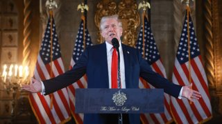 Republican presidential candidate former President Donald Trump speaks during a press conference at his Mar-a-Lago estate on August 08, 2024, in Palm Beach, Florida.