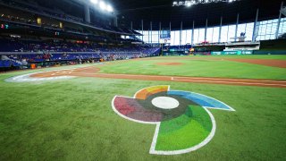 A general view of the World Baseball Classic logo on the field before the 2023 World Baseball Classic Quarterfinal game