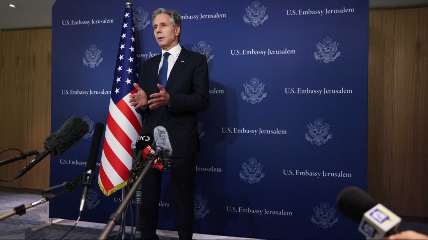 US Secretary of State Antony Blinken speaks to members of the press at David Kempinski Hotel in Tel Aviv on August 19, 2024. Blinken on August 19 urged Israel and Hamas not to derail negotiations that he said may be a "last opportunity" to secure a Gaza truce and hostage release deal. (Photo by KEVIN MOHATT/POOL/AFP via Getty Images)