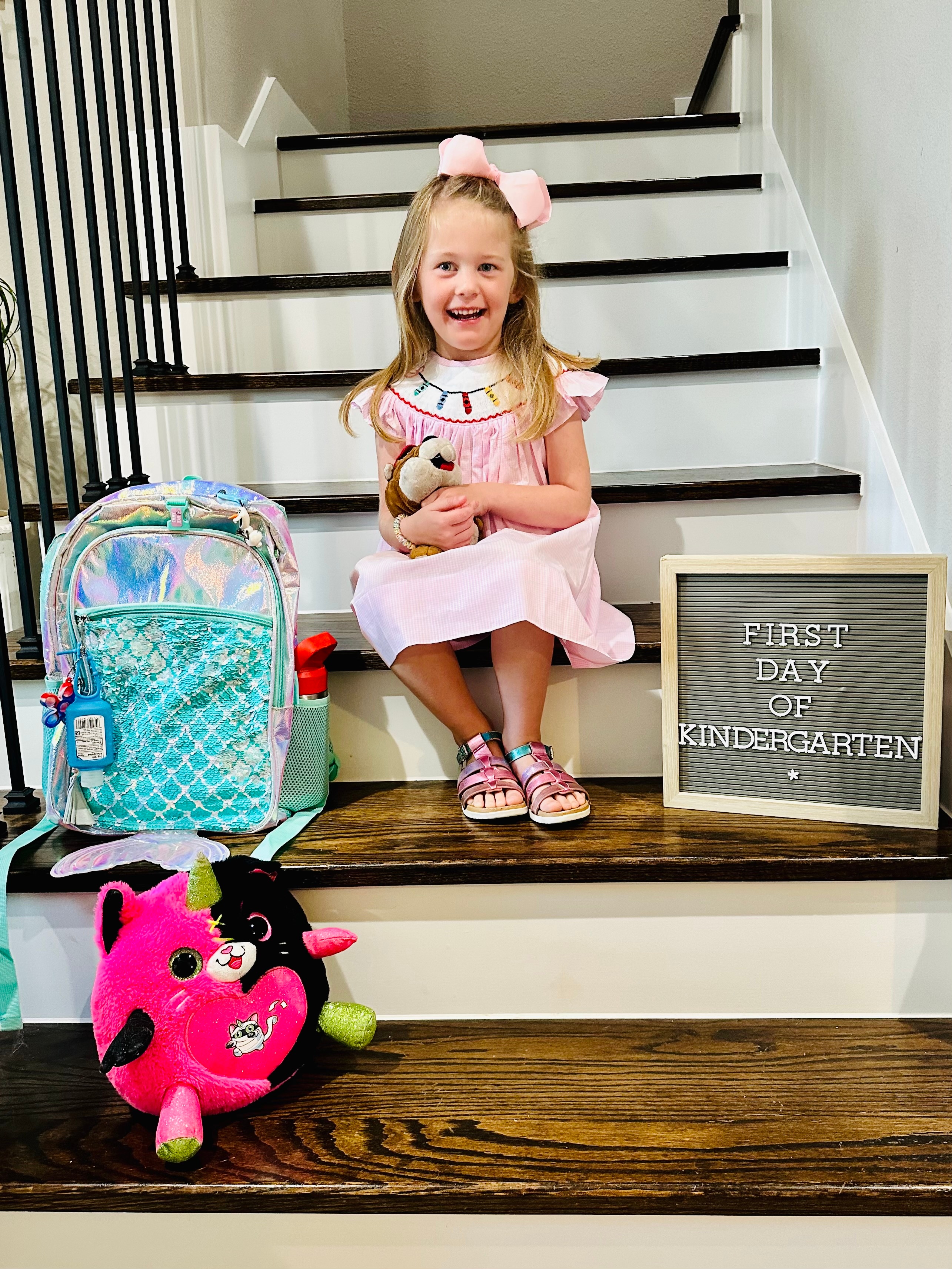 First day of Kindergarten for Emmy Cunningham! Our favorite stuffy-Bucee made the cut!