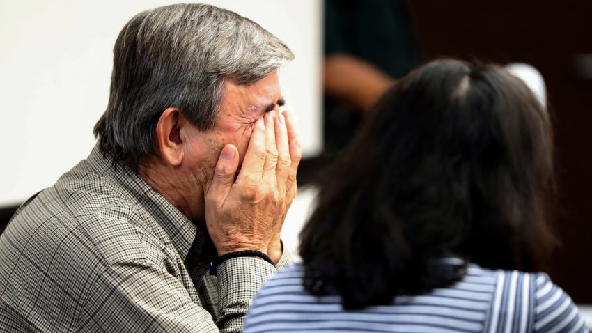 Antonios Pagourtzis, left, reacts as he and his wife, Rose Marie Kosmetatos, listen as Galveston County Court Judge Jack Ewing reads the jury’s verdict Monday, Aug. 19, 2024, at the Galveston County Courthouse in Galveston, Texas.