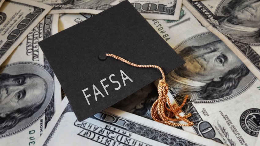 FAFSA (Free Application for Federal Student Aid) text on graduation cap and money - financial aid concept