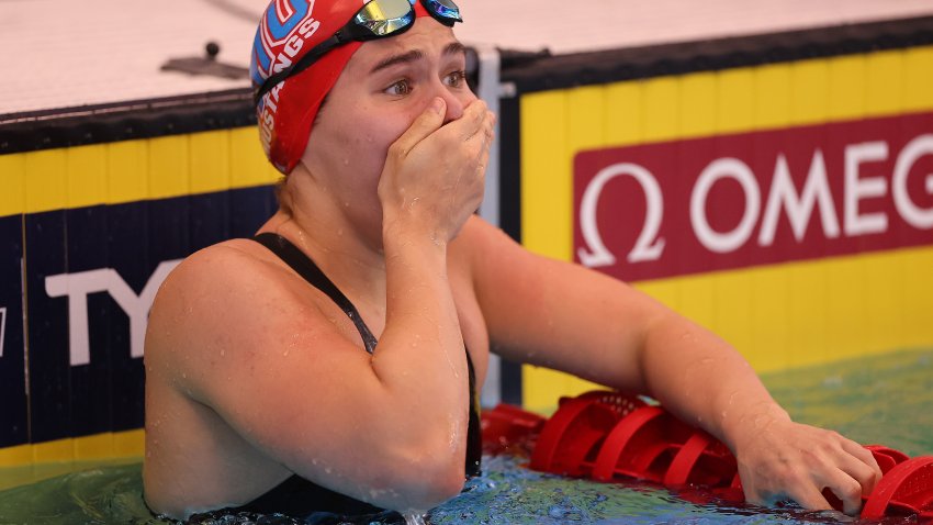 Luana Alonso of Paraguay reacts after winning the Women's 100 Meter Butterfly consolation on Day 2 of the TYR Pro Swim Series Westmont on April 13, 2023 in Westmont, Illinois.