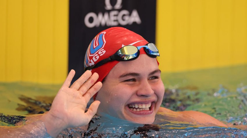 WESTMONT, ILLINOIS – APRIL 13: Luana Alonso of Paraguay reacts after winning the Women’s 100 Meter Butterfly consolation on Day 2 of the TYR Pro Swim Series Westmont on April 13, 2023 in Westmont, Illinois. (Photo by Michael Reaves/Getty Images)