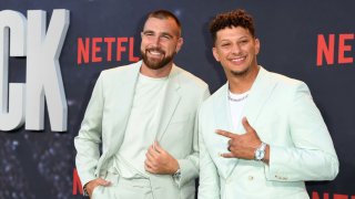 Travis Kelce and Patrick Mahomes at TUDUM Theater on July 11, 2023 in Hollywood, California.