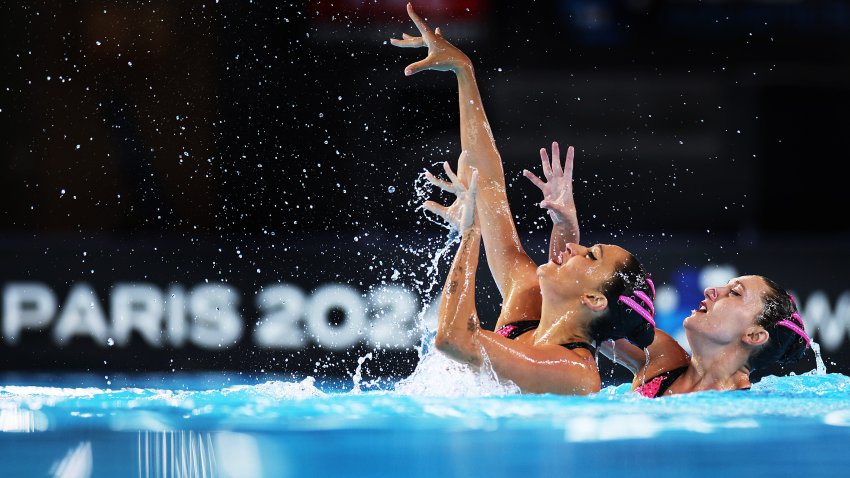 Anita Alvarez and Ruby Remati of Team USA perform their routine in the Women’s Duet Free during the World Aquatics Artistic Swimming World Cup 2024 – Stop 2 at Aquatics Centre on May 04, 2024 in Paris, France. (Photo by Adam Pretty/Getty Images)