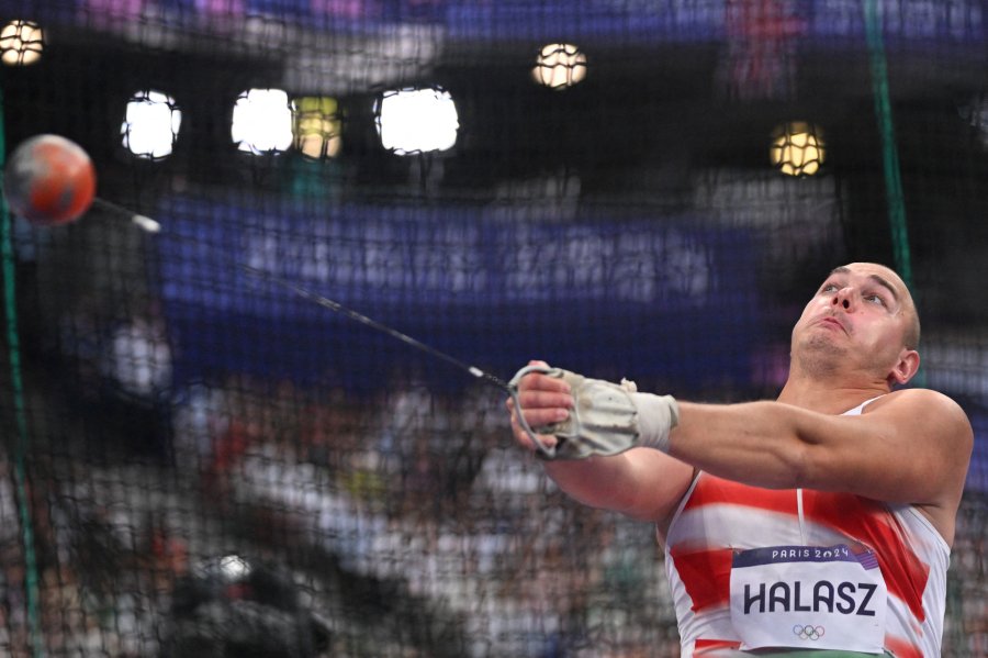 Hungary's Bence Halasz competes in the men's hammer throw final of the athletics event at the Paris 2024 Olympic Games at Stade de France in Saint-Denis, north of Paris, on August 4, 2024