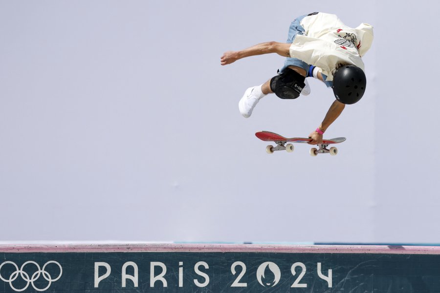 The U.S.' Tate Carew competes in the men's park skateboarding prelims