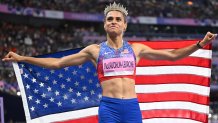 08 August 2024, France, Saint-Denis: Olympics, Paris 2024, athletics, Stade de France, 400 m hurdles, women, final, Sydney McLaughlin-Levrone from the USA celebrates after the race. Photo: Sven Hoppe/dpa (Photo by Sven Hoppe/picture alliance via Getty Images)