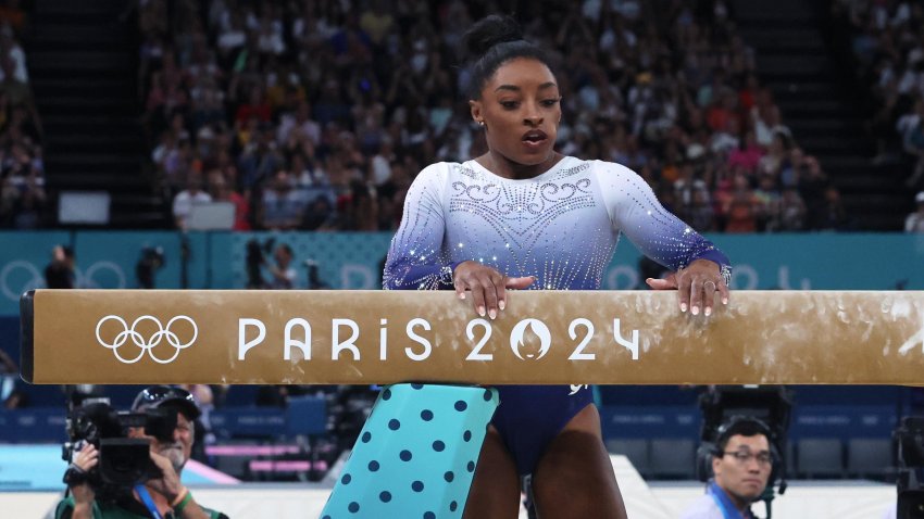 PARIS, FRANCE – AUGUST 5: Simone Biles of Team United States looks dejected and disappointed after her fall during the Women’s Balance Beam Final on day ten of the Olympic Games Paris 2024 at Bercy Arena on August 5, 2024 in Paris, France.  (Photo by Xavier Laine/Getty Images)