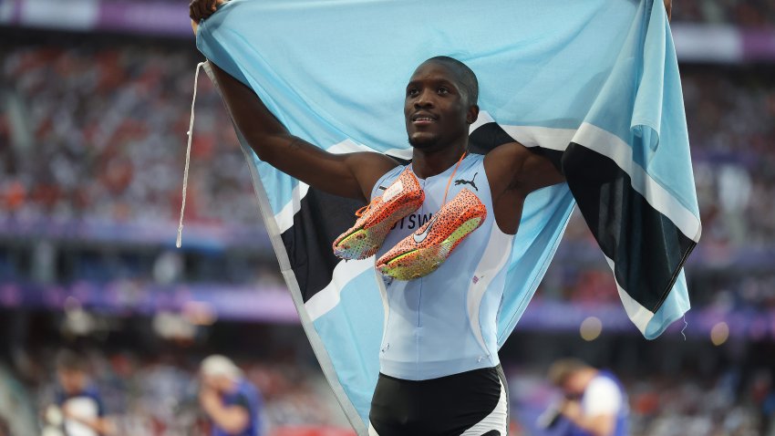 Letsile Tebogo of Botswana celebrates after he wins the Men's 200m Final on day thirteen of the Olympic Games Paris 2024 at Stade de France on August 08, 2024.